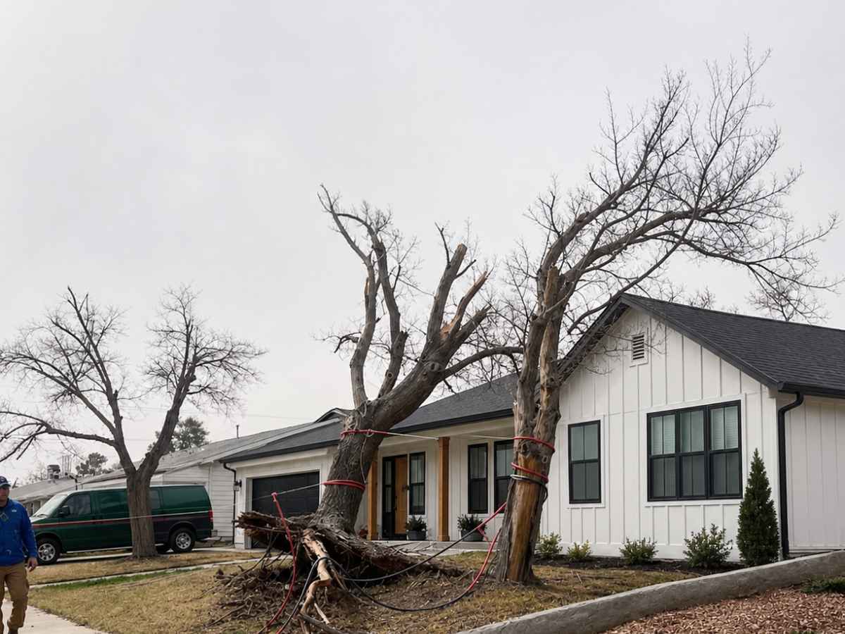 Storm-damaged trees secured with red ropes stand before a white modern farmhouse as a blue-clad worker approaches.
