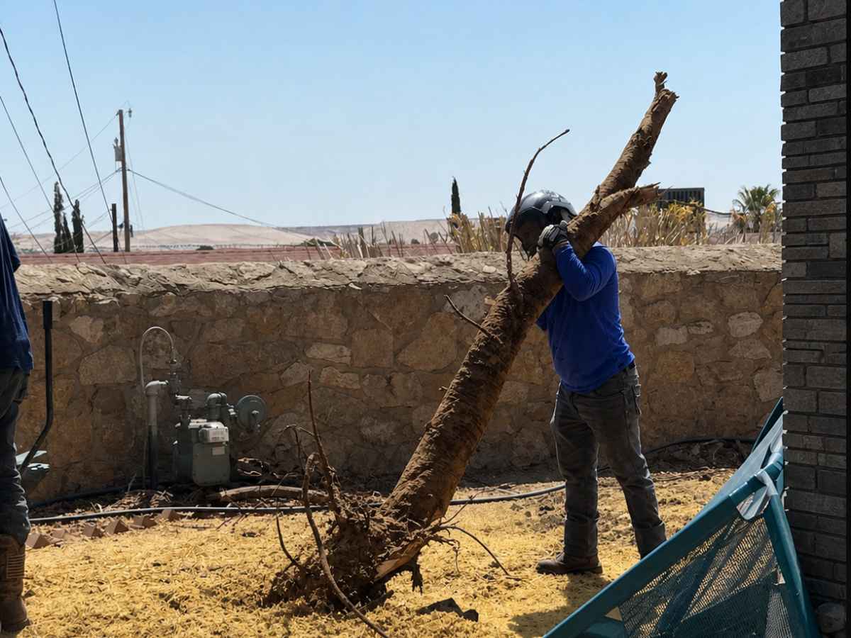 A worker in blue carries an uprooted tree trunk across a sawdust-covered yard beside a teal equipment gate.